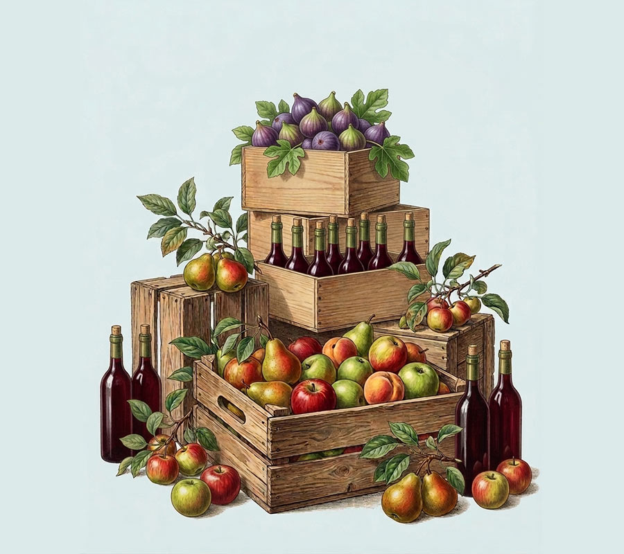 caisses de pommes et caisses de vin pour illustrer la rubrique distillation à façon pour les professionnels du monde agricole.